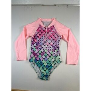 Girls Mermaid Scale Long Sleeve One Piece Swimsuit Pink Purple Zip Front
